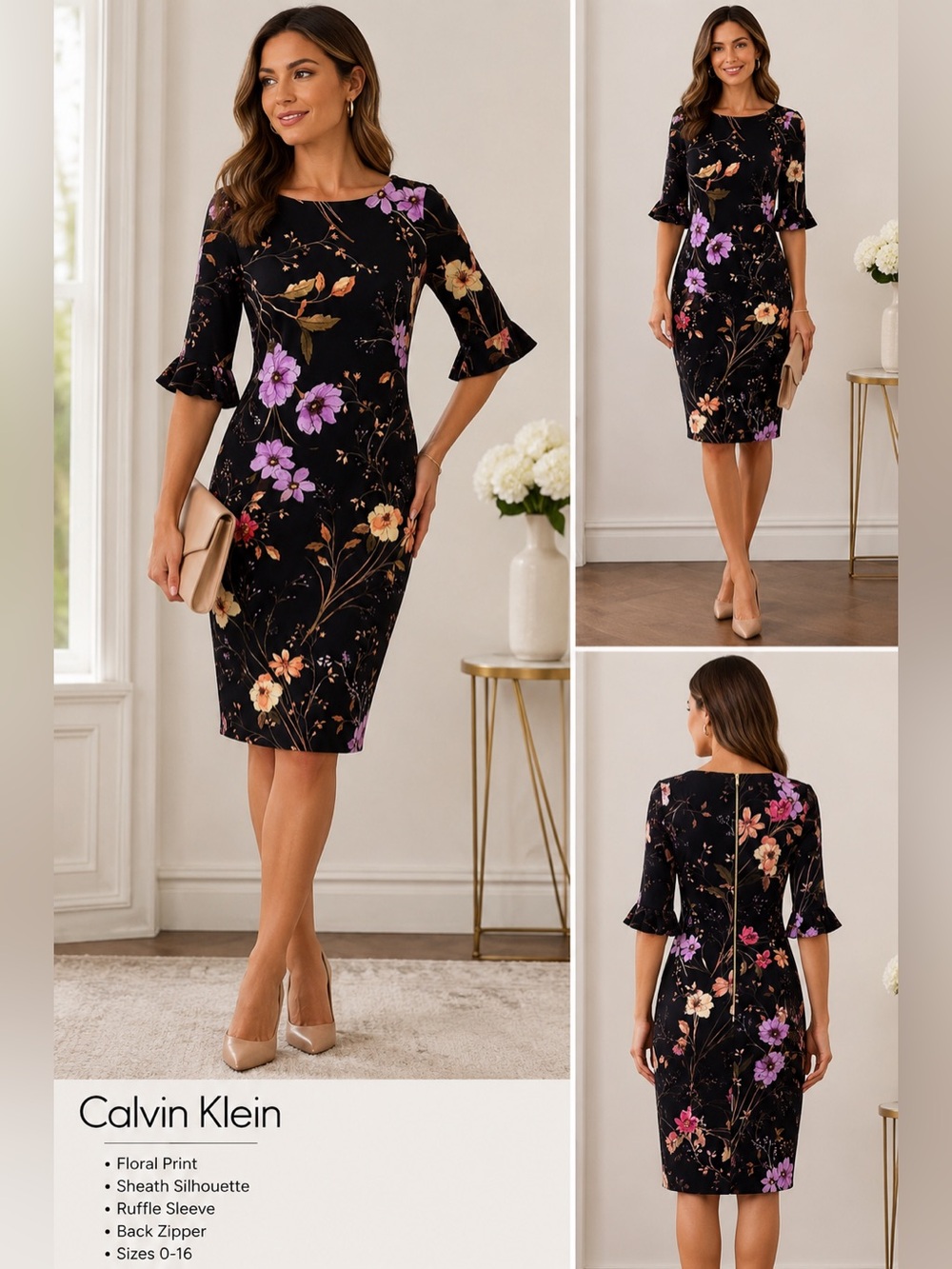 Calvin Klein Floral Sheath Dress Black Purple Ruffle Sleeve Size 6